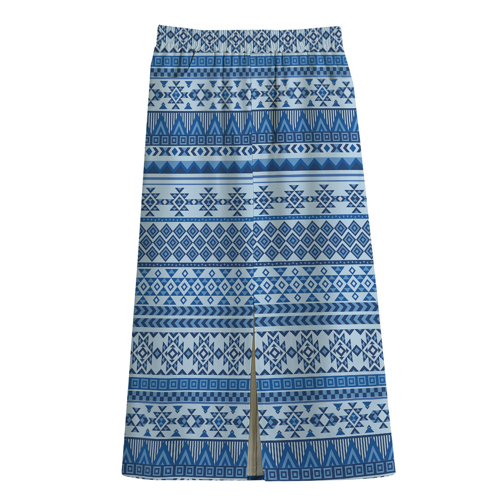 Blue Native American Aztec Pattern Print Cotton Front Slit Maxi Skirt