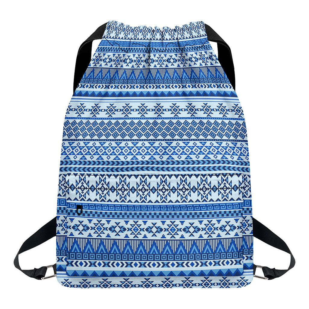 Blue Native American Aztec Pattern Print Drawstring Backpack