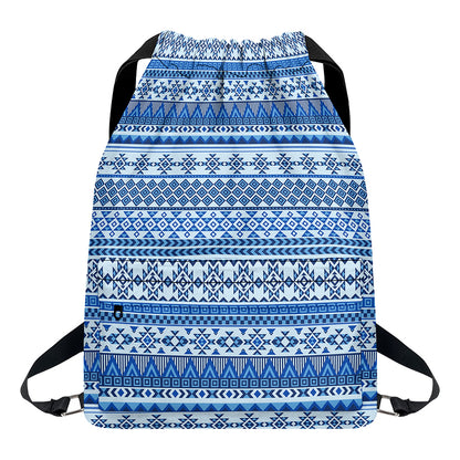 Blue Native American Aztec Pattern Print Drawstring Backpack