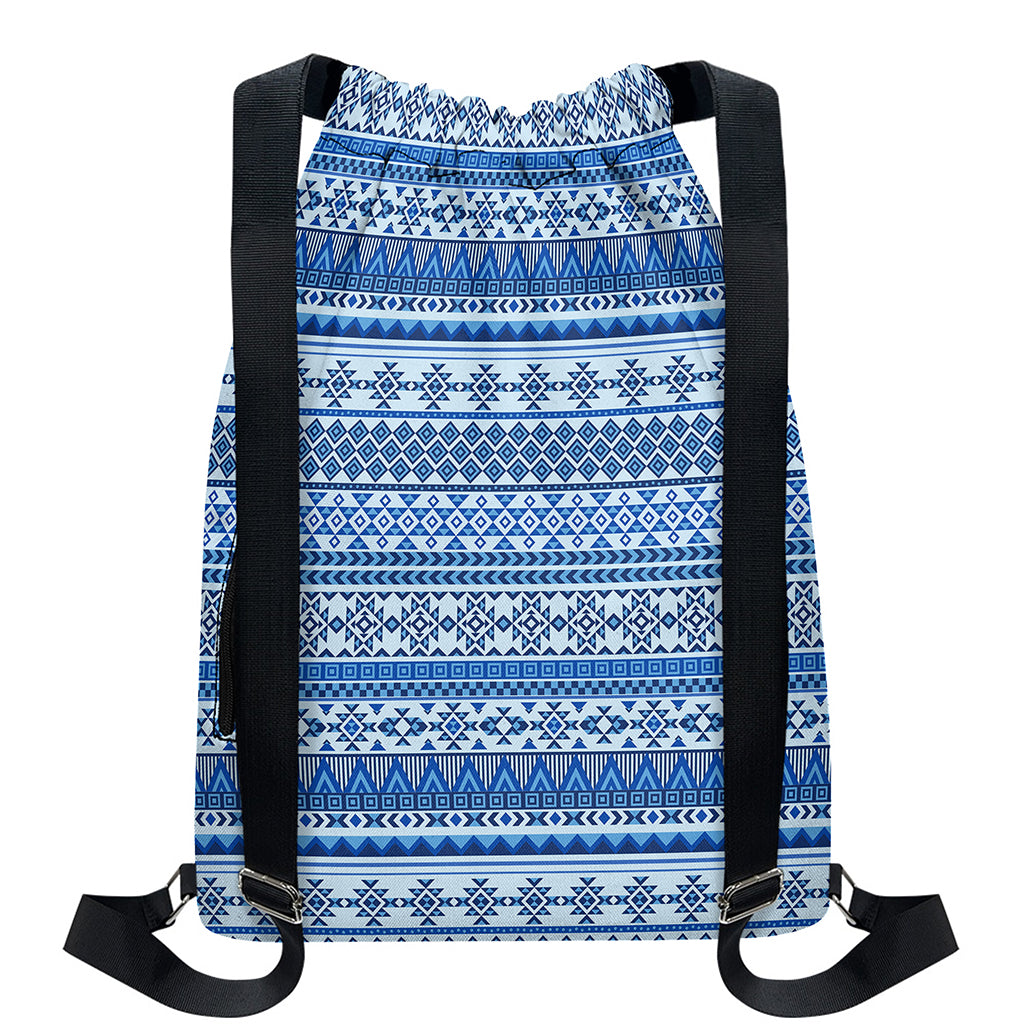 Blue Native American Aztec Pattern Print Drawstring Backpack