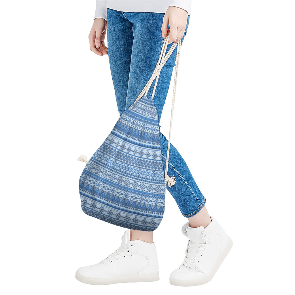 Blue Native American Aztec Pattern Print Drawstring Bag