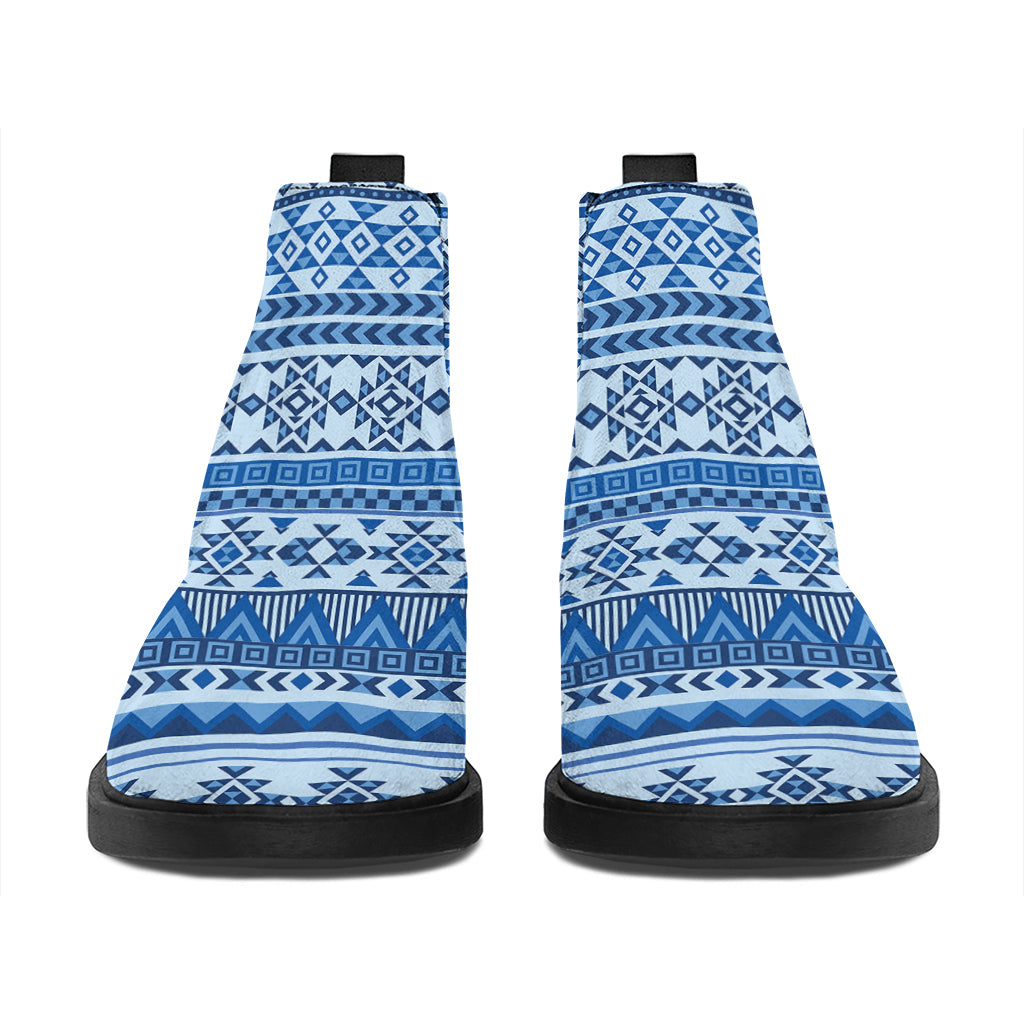 Blue Native American Aztec Pattern Print Flat Ankle Boots