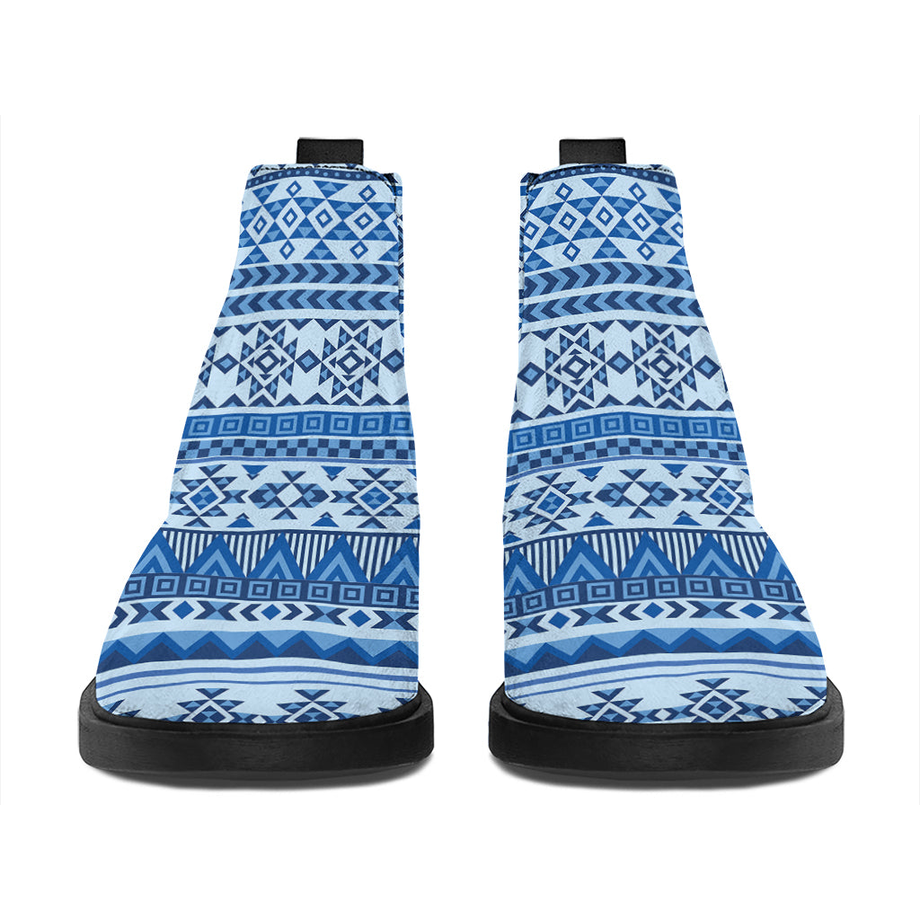 Blue Native American Aztec Pattern Print Flat Ankle Boots
