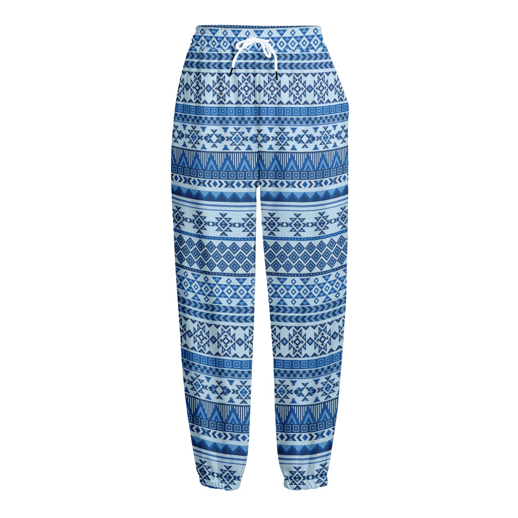 Blue Native American Aztec Pattern Print Fleece Lined Knit Pants