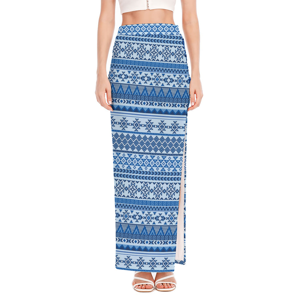 Blue Native American Aztec Pattern Print High Slit Maxi Skirt