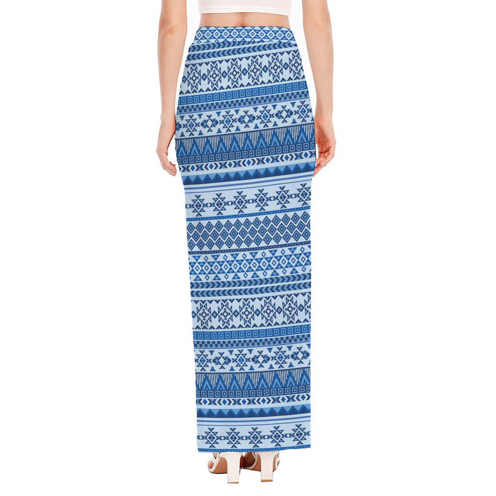 Blue Native American Aztec Pattern Print High Slit Maxi Skirt