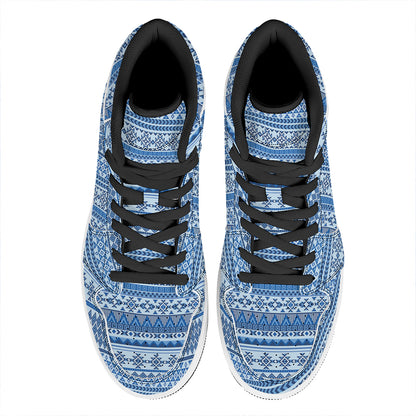 Blue Native American Aztec Pattern Print High Top Leather Sneakers