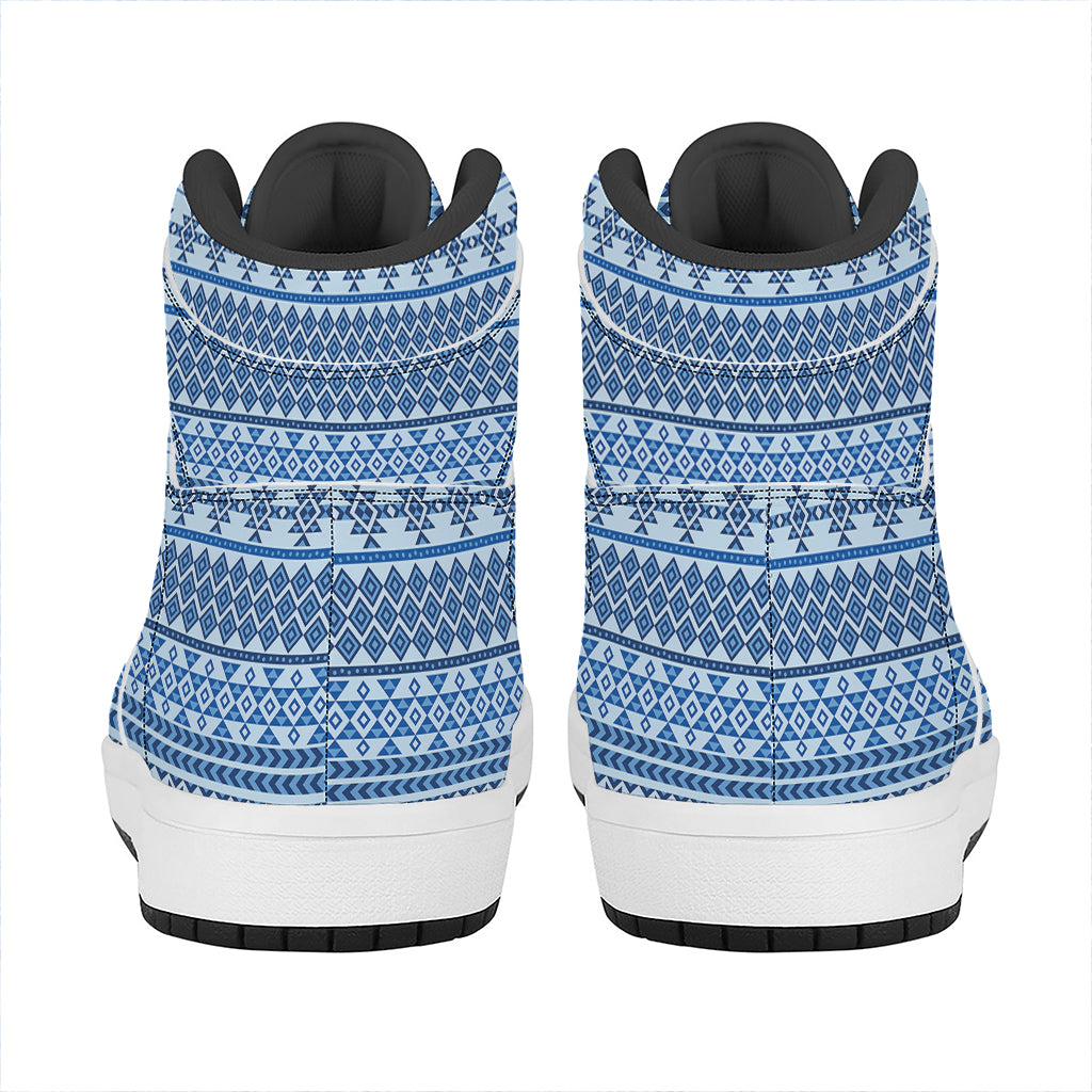 Blue Native American Aztec Pattern Print High Top Leather Sneakers