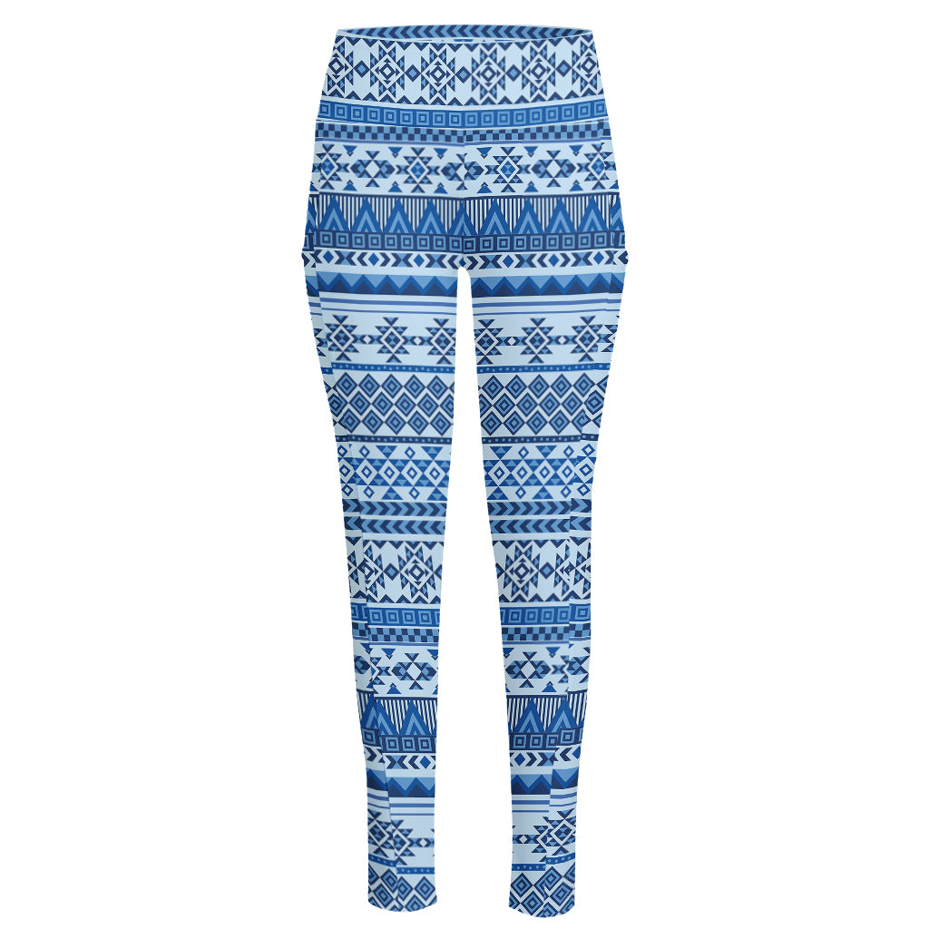 Blue Native American Aztec Pattern Print High-Waisted Pocket Leggings