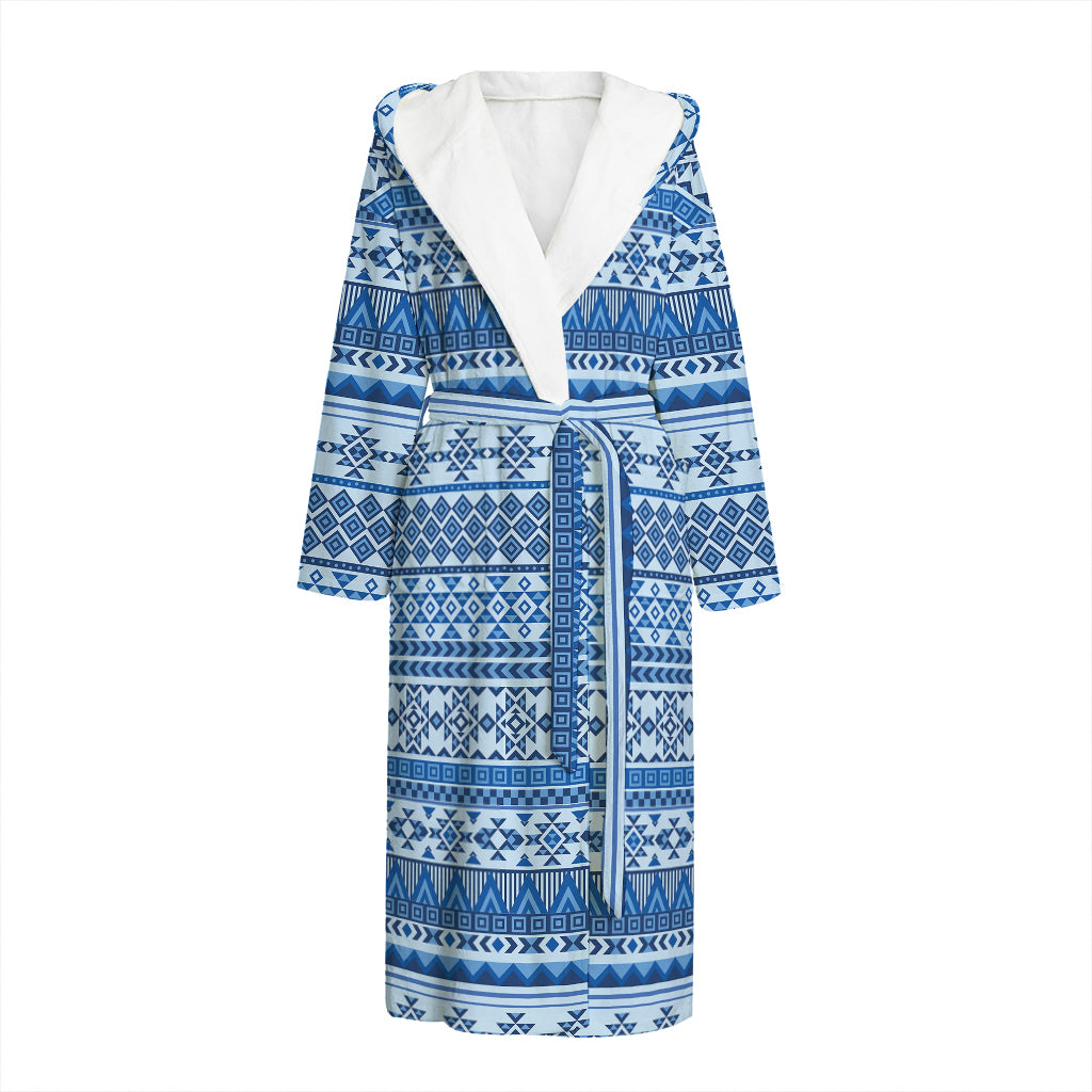 Blue Native American Aztec Pattern Print Hooded Bathrobe