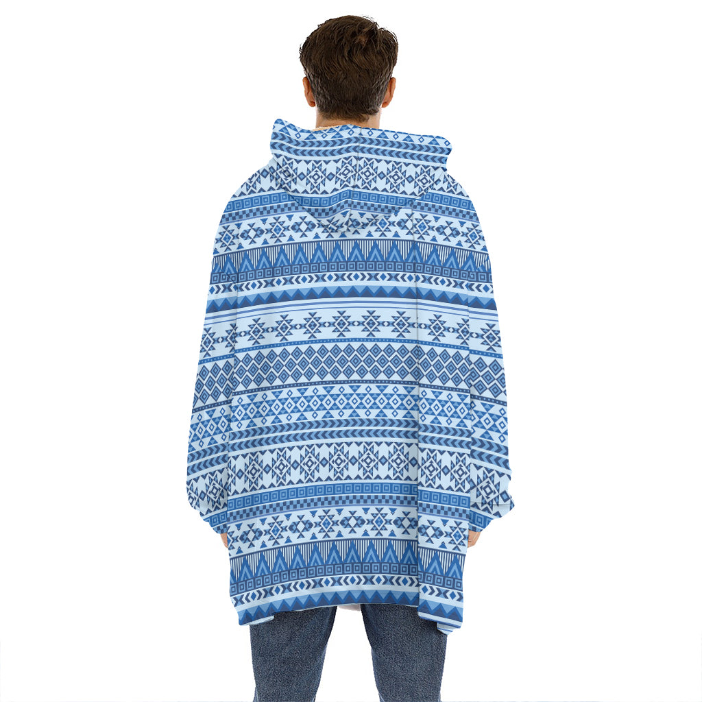 Blue Native American Aztec Pattern Print Hoodie Blanket