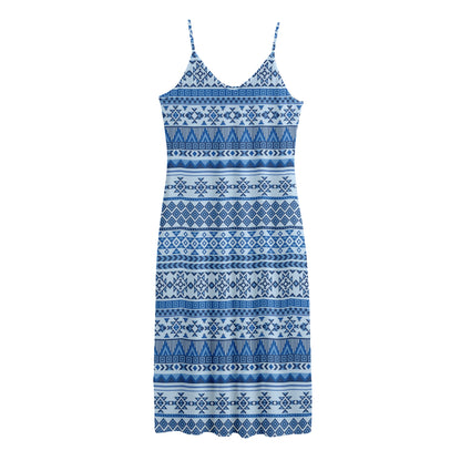 Blue Native American Aztec Pattern Print Jersey Midi Cami Dress