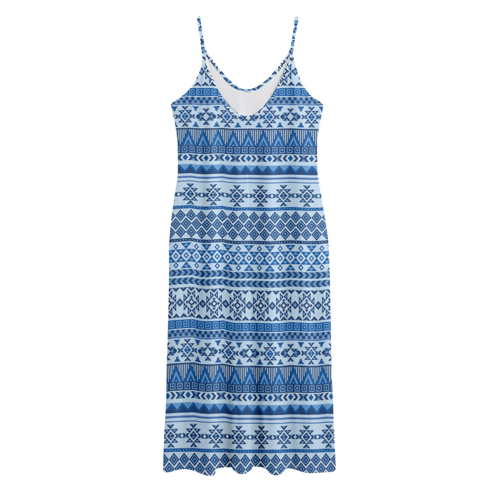 Blue Native American Aztec Pattern Print Jersey Midi Cami Dress