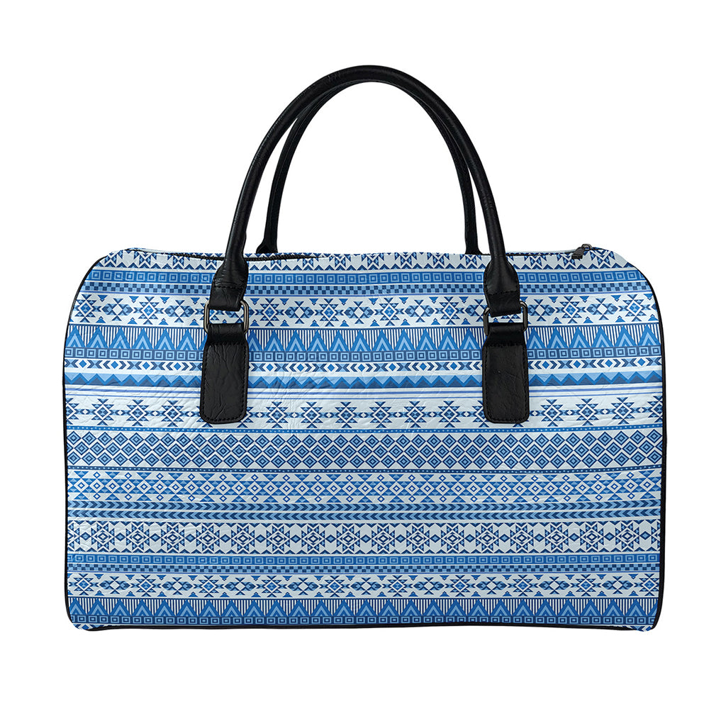 Blue Native American Aztec Pattern Print Leather Duffle Bag