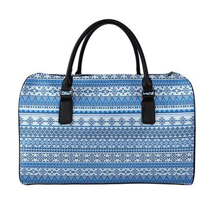 Blue Native American Aztec Pattern Print Leather Duffle Bag