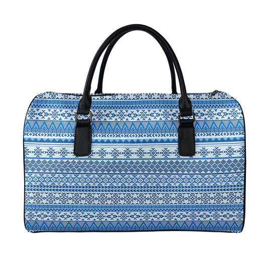 Blue Native American Aztec Pattern Print Leather Duffle Bag