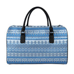 Blue Native American Aztec Pattern Print Leather Duffle Bag