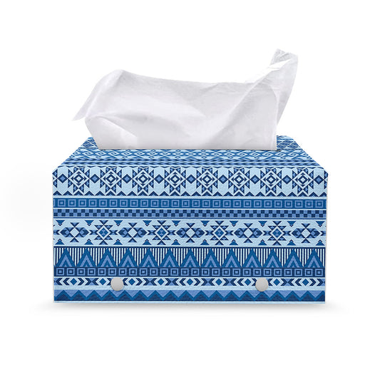 Blue Native American Aztec Pattern Print Leather Tissue Box Cover
