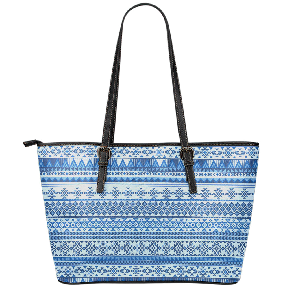 Blue Native American Aztec Pattern Print Leather Tote Bag