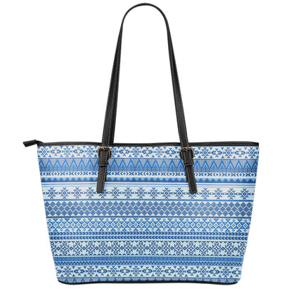 Blue Native American Aztec Pattern Print Leather Tote Bag