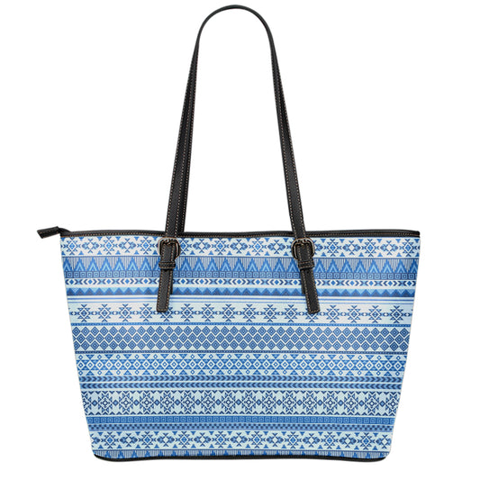 Blue Native American Aztec Pattern Print Leather Tote Bag