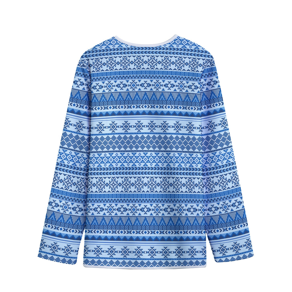 Blue Native American Aztec Pattern Print Long Sleeve Short Coat