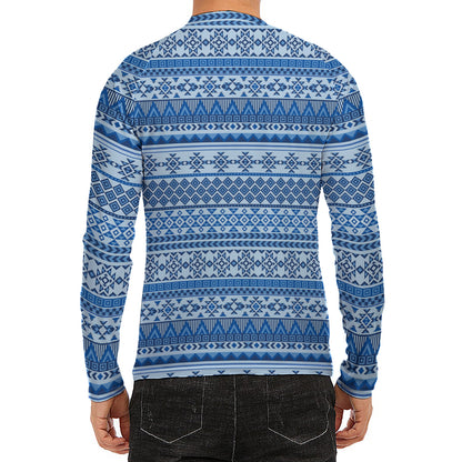Blue Native American Aztec Pattern Print Men's Long Sleeve Rash Guard