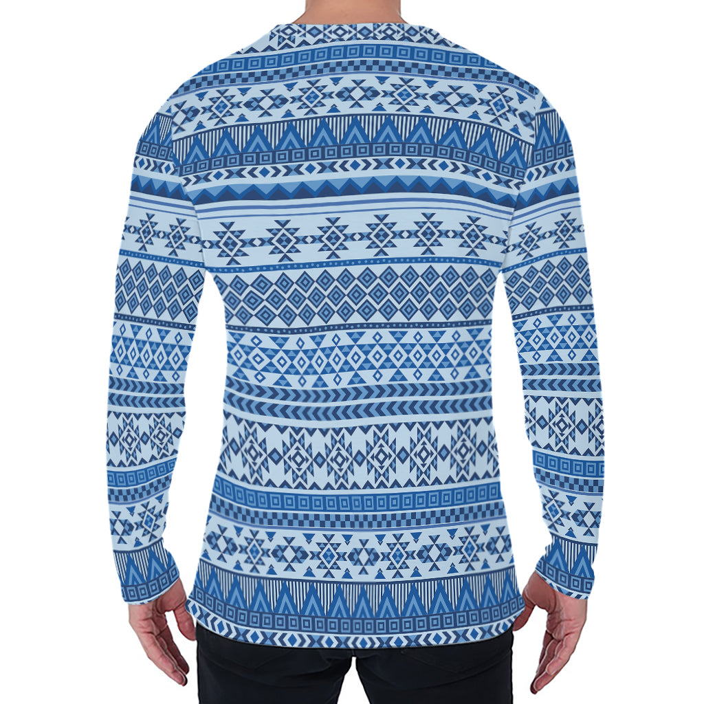 Blue Native American Aztec Pattern Print Men's Long Sleeve T-Shirt