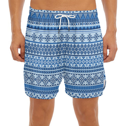 Blue Native American Aztec Pattern Print Men's Split Running Shorts