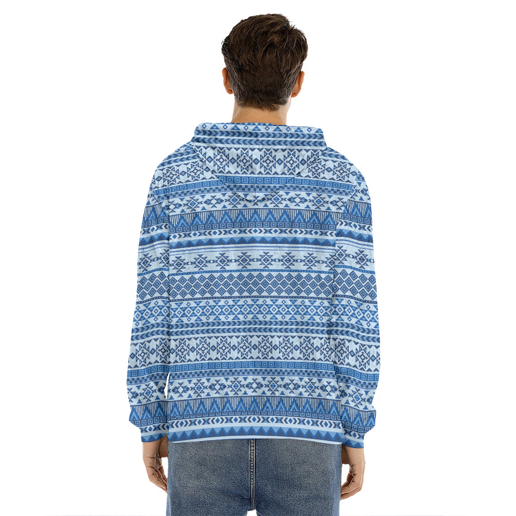 Blue Native American Aztec Pattern Print Men's Velvet Pullover Hoodie