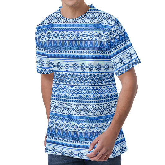Blue Native American Aztec Pattern Print Men's Velvet T-Shirt