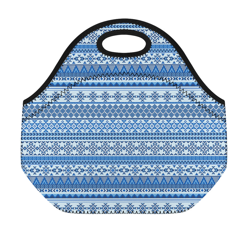 Blue Native American Aztec Pattern Print Neoprene Lunch Bag
