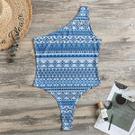 Blue Native American Aztec Pattern Print One Shoulder Bodysuit