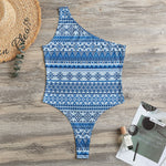 Blue Native American Aztec Pattern Print One Shoulder Bodysuit