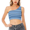 Blue Native American Aztec Pattern Print One Shoulder Crop Top