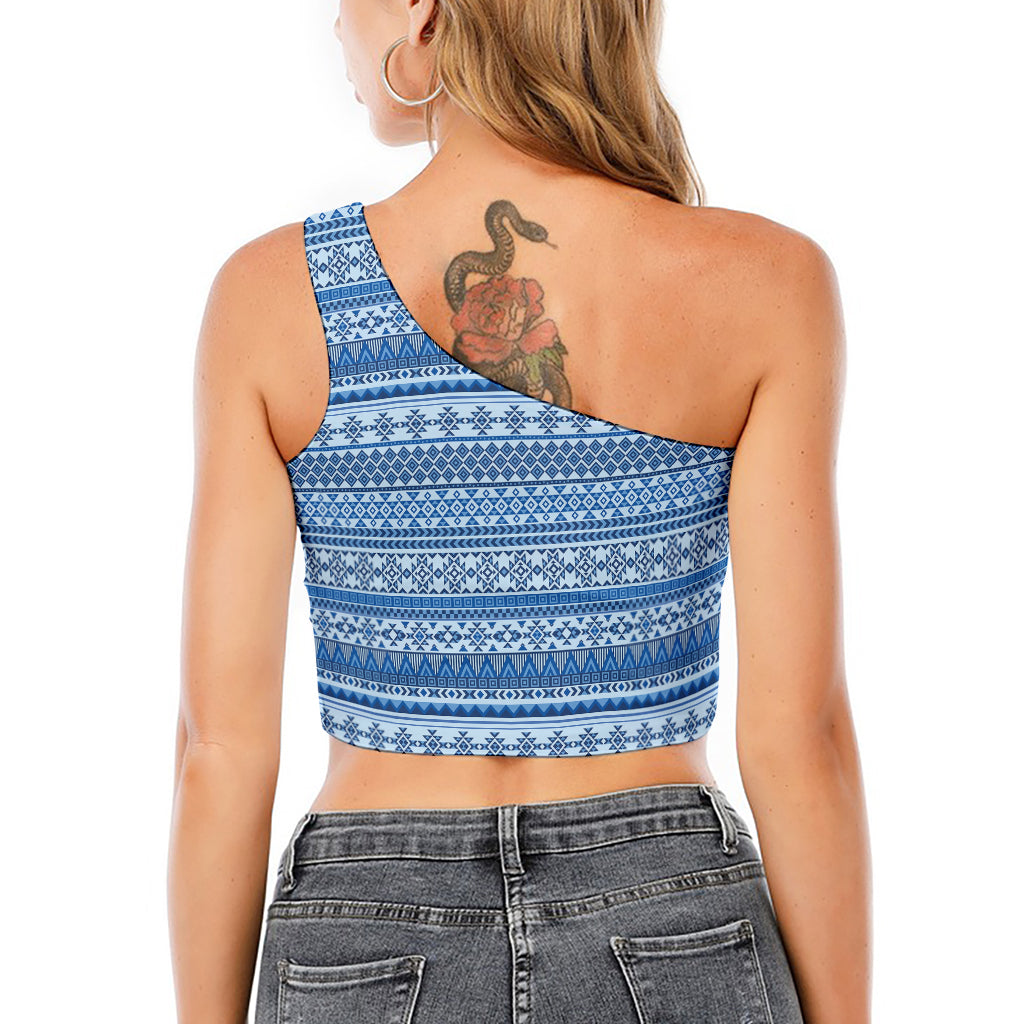 Blue Native American Aztec Pattern Print One Shoulder Crop Top