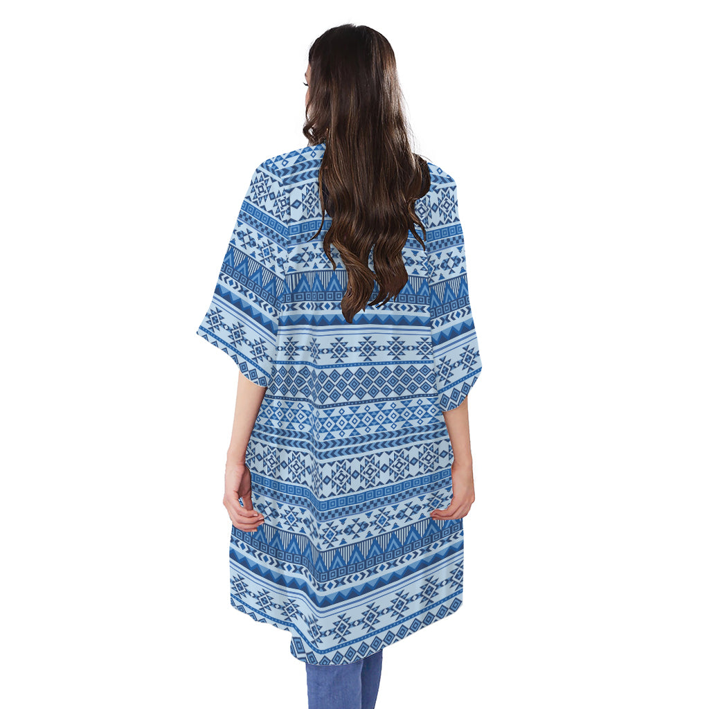 Blue Native American Aztec Pattern Print Open Front Beach Cover Up