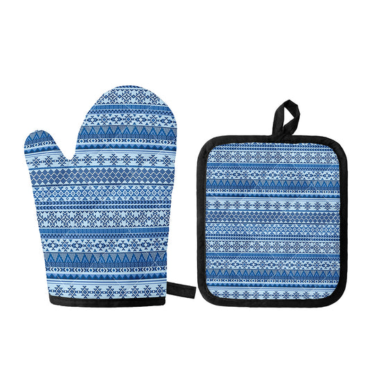 Blue Native American Aztec Pattern Print Oven Mitt And Pot Holder Set