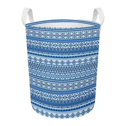 Blue Native American Aztec Pattern Print Round Laundry Basket