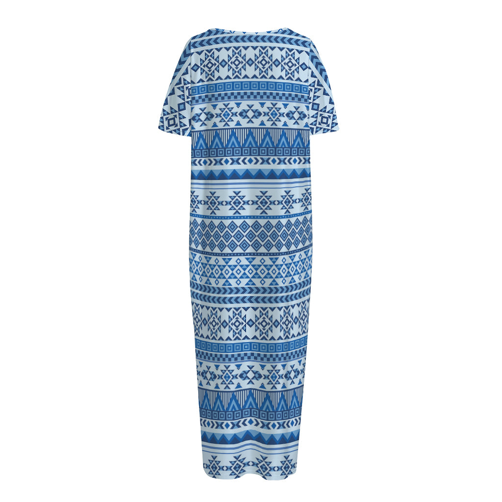 Blue Native American Aztec Pattern Print Short Sleeve Long Nightdress