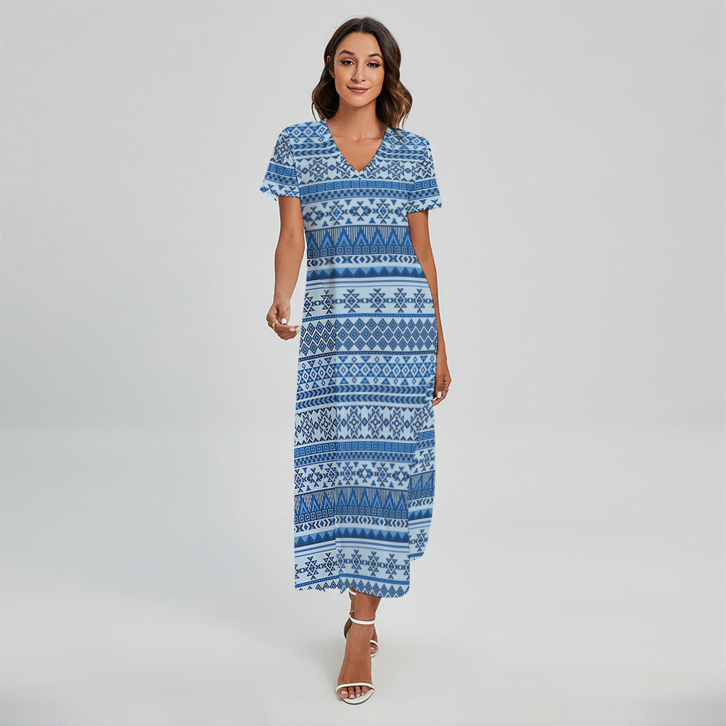 Blue Native American Aztec Pattern Print Short Sleeve Maxi Dress