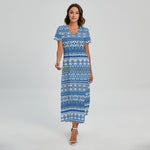 Blue Native American Aztec Pattern Print Short Sleeve Maxi Dress