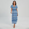 Blue Native American Aztec Pattern Print Short Sleeve Maxi Dress