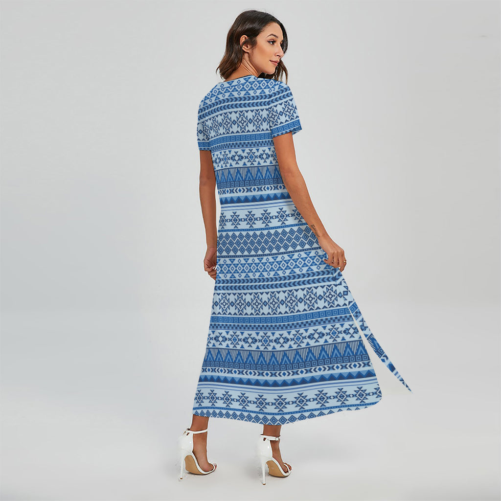 Blue Native American Aztec Pattern Print Short Sleeve Maxi Dress