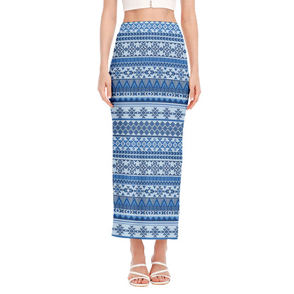 Blue Native American Aztec Pattern Print Side Slit Maxi Skirt