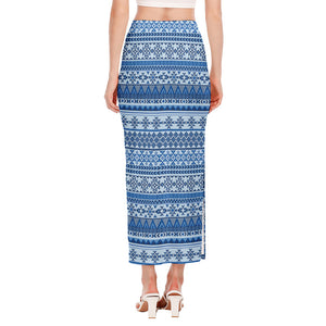 Blue Native American Aztec Pattern Print Side Slit Maxi Skirt