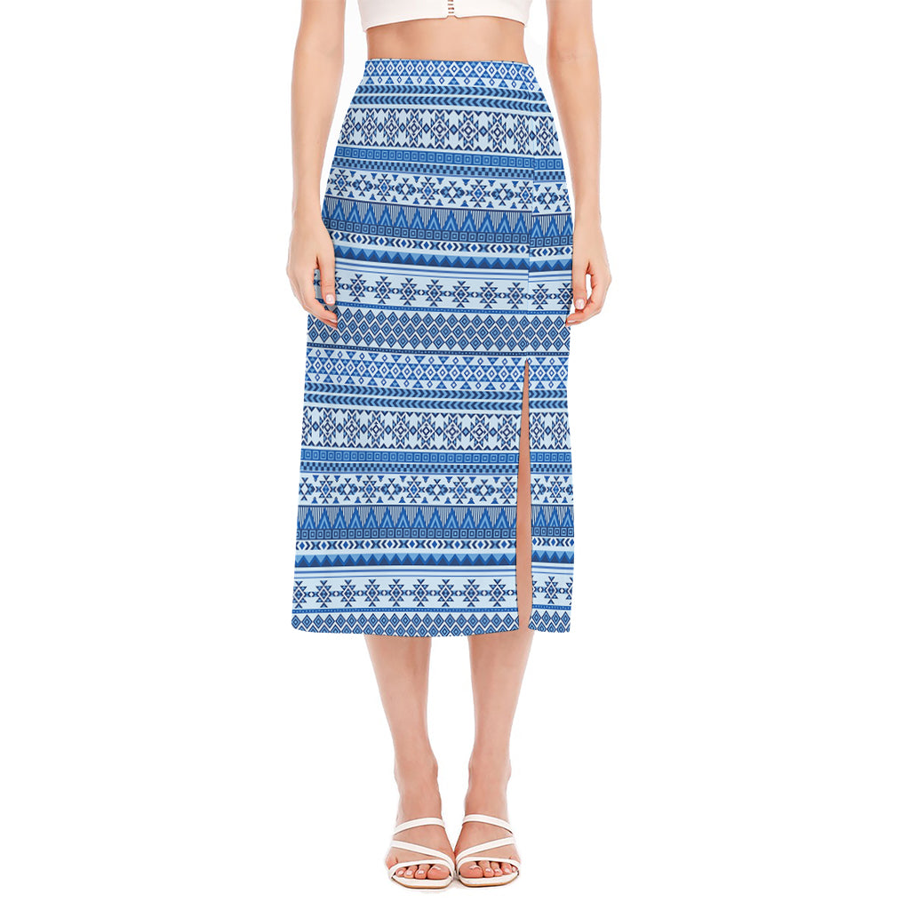 Blue Native American Aztec Pattern Print Side Slit Midi Skirt