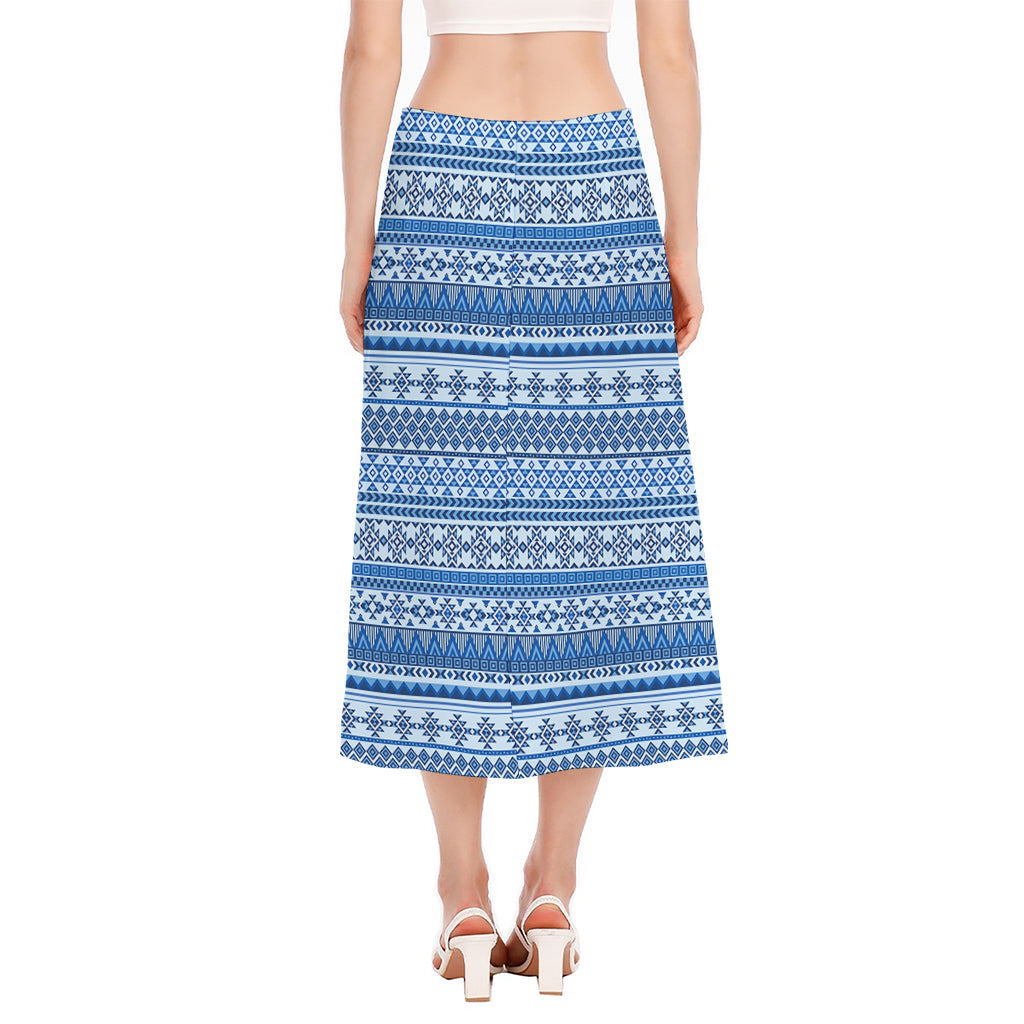 Blue Native American Aztec Pattern Print Side Slit Midi Skirt