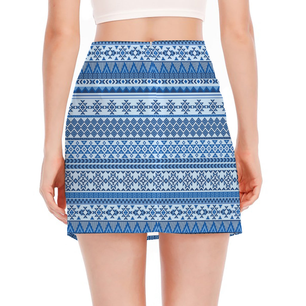 Blue Native American Aztec Pattern Print Side Slit Mini Skirt