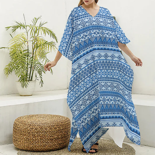 Blue Native American Aztec Pattern Print Silk V-Neck Kaftan Dress